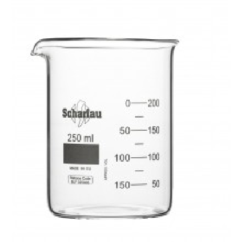 BEAKER, LOW FORM, GRADUATED, BOROSILICATE GLASS DIN 12331. SCHARLAU