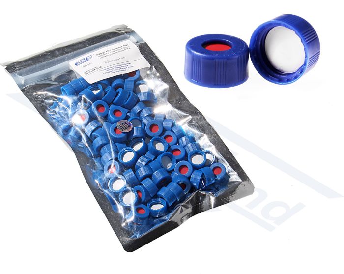 Aizskrūvējams vāciņš PP flakoniem ND9 ar caurumu 6mm, zils, septes sarkans silikons / balts PTFE pgk.100gab.
