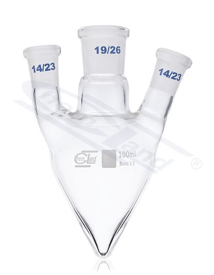 bumbiera formas kolba 3 kakliņi 50ml, centrālā ligzda 14/23 - vertikālais kakliņš - 14/23 - sānu leņķveida kakliņš - 14/23
